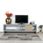 Betonlook TV meubel Evergreen met industriele poten en houten schuifdeur