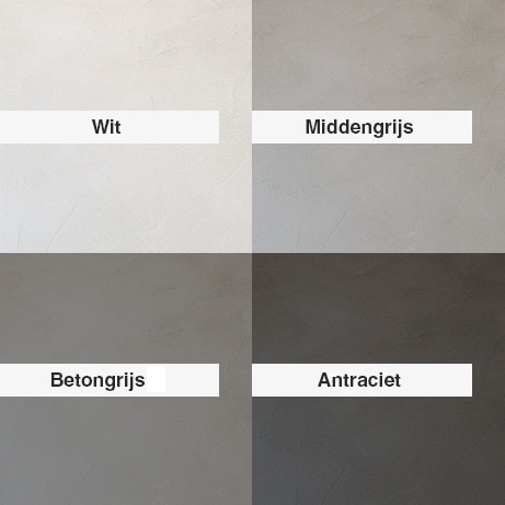 Kleuren van betonlook: wit, betongrijs, middengrijs en antraciet