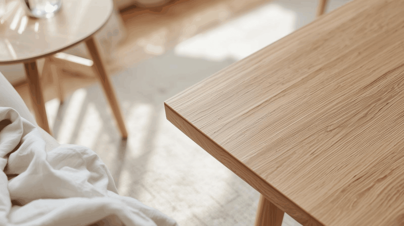 Eikenhouten tafel in licht gekleurd Scandinavisch interieur